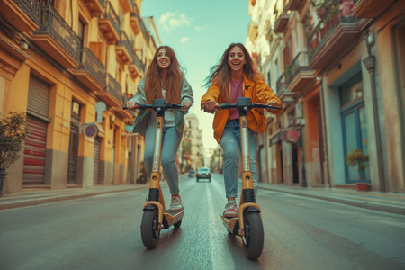 Two joyful young women are riding electric scooters down a city street, enjoying a sunny day.の素材