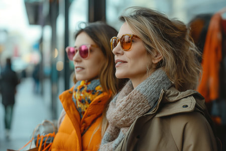 Two modern mature women wearing sunglasses, standing on the sidewalk and looking at something, holding shopping bags.の素材