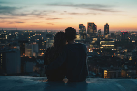 A wide shot of a couple sitting on the edge of a rooftop ledge, embracing each other, while enjoying the panoramic view of the city.の素材