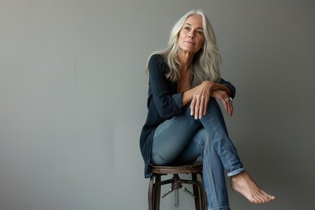 A 70-year-old blond woman is comfortably seated on a tall wooden stool.の素材