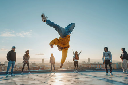 A wide shot of a group of people standing on top of a roof, with a male hip-hop dancer balancing on his head.の素材
