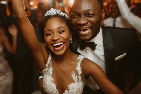 A newlywed couple joyfully dancing together at their wedding celebration.の素材