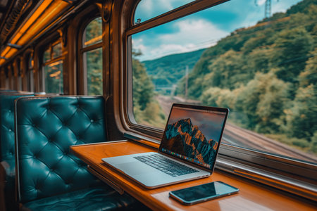A laptop computer is placed on top of a wooden desk.の素材