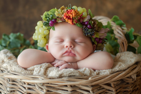 A newborn baby peacefully sleeps in a basket, with a bunch of grapes delicately placed on top.の素材