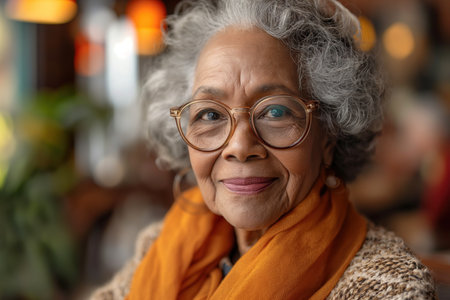 An older woman wearing glasses and a scarf engages in conversation with a friend during breakfast.の素材