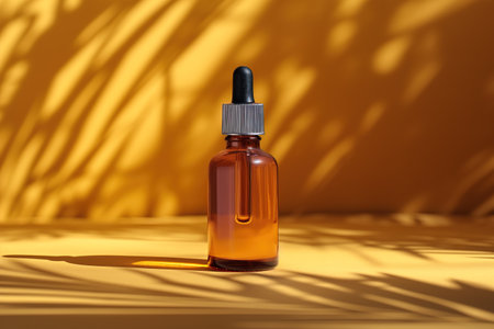 A bottle of essential oil sits on a table, showing its natural discoloration serum in a raw and stylized setting.の素材