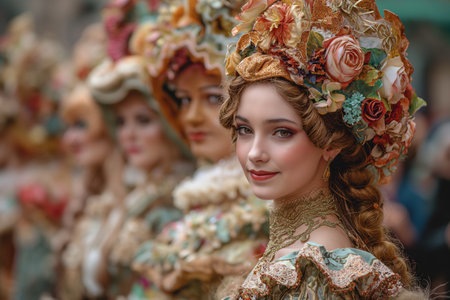 A lively image showcasing a group of women donning intricately designed outfits, captured during the vibrant celebration in carnival.の素材