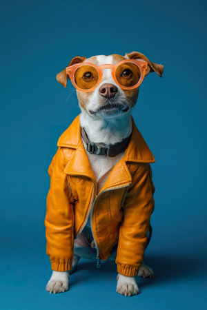 studio portrait of a cheerful small dog wearing a bright yellow jacket and gogglesの素材