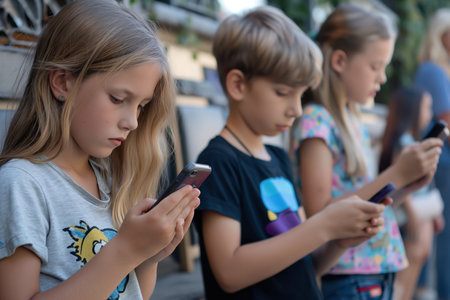 Young children standing together in groupの素材