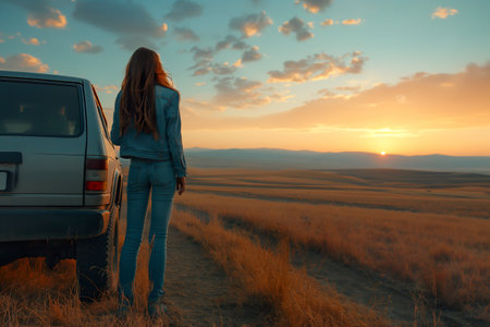 A young woman is standing next to a car on a dirt road, looking at the landscape around her in a scenic setting.の素材