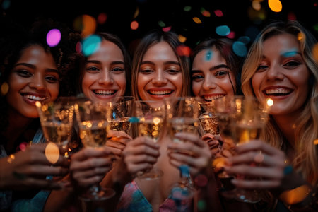 A group of LGBTQIA friends, holding champagne flutes in their hands, celebrates at a party.の素材