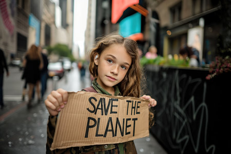 A beautiful teenager holds a cardboard sign that reads Save the Planet in this impactful image promoting environmental awareness.の素材