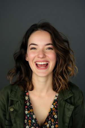 A woman, Comedy Writer, smiling broadly while wearing a green jacket with sparkling eyes.の素材