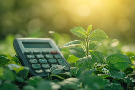 A calculator is placed on top of a vibrant green field, measuring and calculating carbon footprint.の素材