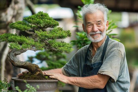 Senior man carefully holding a bonsai tree in a pot.の素材
