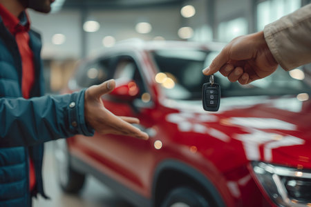 An unrecognizable person is handing over a car key to a customer.の素材