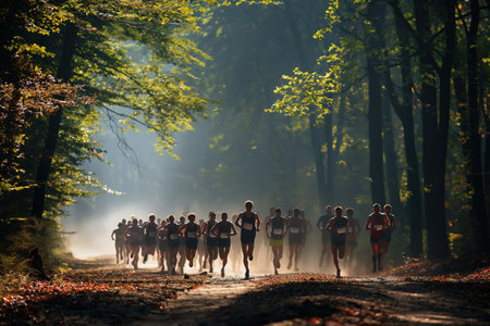 Athletes running together down a dusty path in the forest.の素材