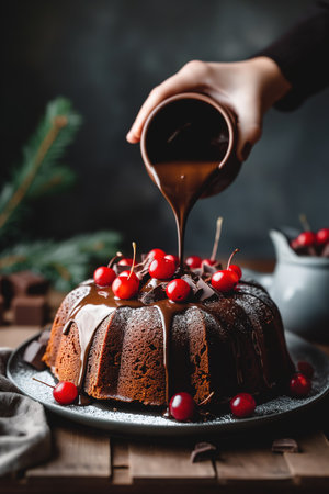 An individual adds melted chocolate glaze to a bundt cake.の素材