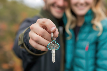A man and woman of Caucasian ethnicity happily hold keys to a house.の素材