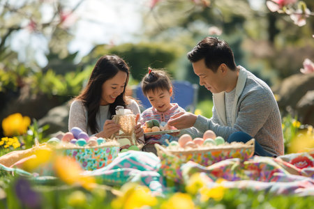 A man, woman, and child sitting on a picnic blanket in a field of colorful flowers on a sunny day.の素材