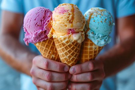 A person holds three waffle cones with colorful ice cream and caramel.の素材