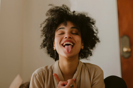 A woman sticks out her tongue with a funny expression, hands clasped.の素材