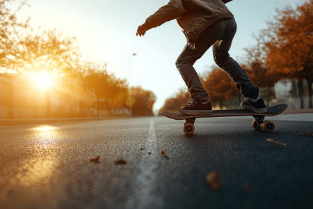 A young man confidently rides his skateboard down a busy street, skillfully navigating the urban environment.の素材