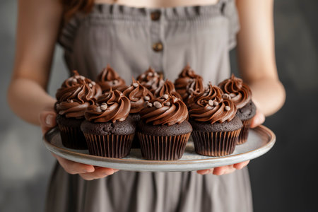 A young woman holding a plate of delicious chocolate cupcakes.の素材