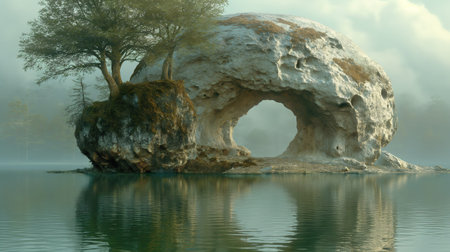 The photo captures a striking rock formation with a resilient tree seemingly growing out of it, surrounded by an atmosphere of surrealism, intimacy, and stillness.の素材