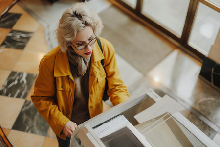 A woman wearing a yellow jacket closely inspects a box.の素材