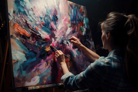 An artist is working on an abstract oil painting on a large canvas.の素材