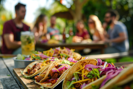 A diverse group of friends gathered around a table, engaging in conversation while enjoying tacos.の素材