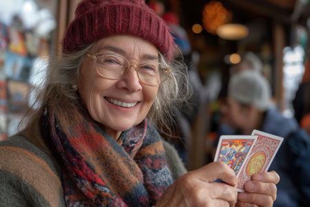 A senior woman in a red hat is holding a card while playing cards with a home caregiver. The focus is on the woman's hands and the card she is holding.の素材