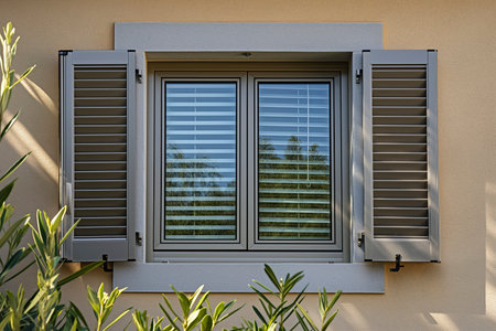 A detailed view of a window with traditional shutters closed, showing the intricate design and texture.の素材