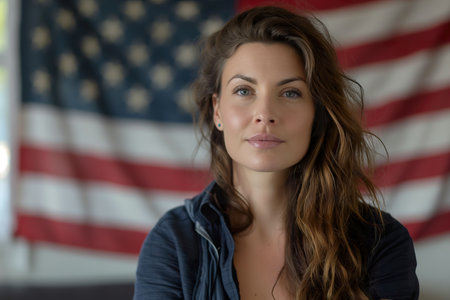 Caucasian working-class woman standing proudly in front of an American flag.の素材