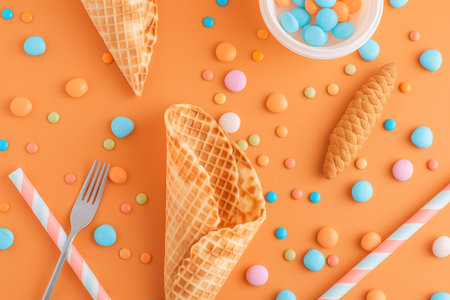 Overhead view of an ice cream cone with a waffle on top, surrounded by elephant ear cookies.の素材