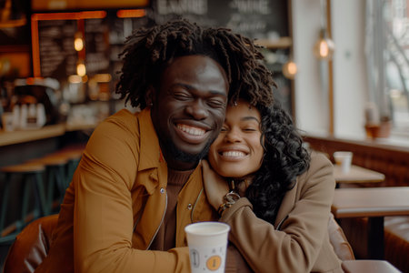 A positive multiracial couple enjoying a moment together at a table in a cafe.の素材