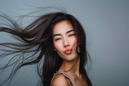 Portrait of asian young woman with flowing hair blowing in the wind against gray background.の素材