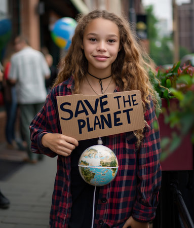A beautiful teenager holding a sign with the words Save the Planet written on it.の素材