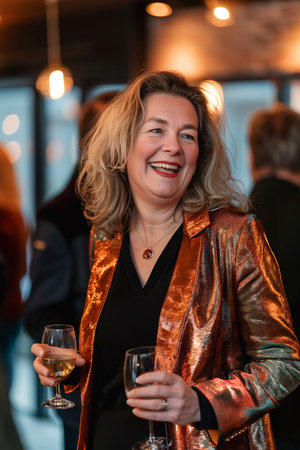 A woman wearing a gold jacket holds a glass of wine.の素材