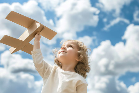 A young child happily plays with a cardboard airplane, pretending to fly high in the sky.の素材