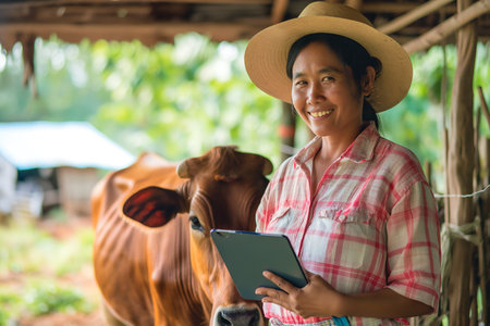 Female farmer standing next to cow wearing a hat at cattle farm.の素材