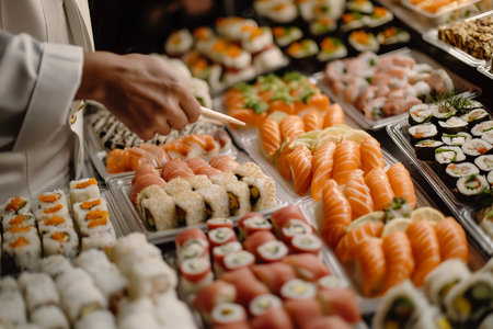 A person standing near a variety of sushi and sashimi dishes on display.の素材