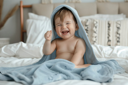 Happy baby in blue hooded towel sitting on a bed, smiling under a blue blanket.の素材