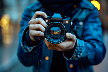 A person holds a camera in their hands, ready to capture a moment.の素材