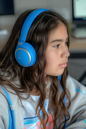 A young girl, wearing headphones, is sitting in front of a computer.の素材