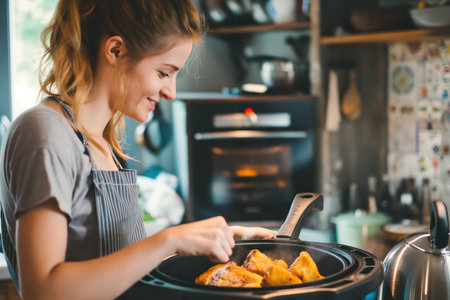 A woman standing in a kitchen, adjusting the time and temperature settings on a slow cooker as food cooks inside.の素材