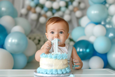 Happy white baby boy sitting in front of blue and white cake, eating with his hands.の素材