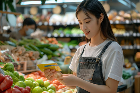 Asian woman using a credit card at a supermarkets fresh produce section.の素材