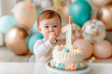 Happy white baby boy sitting in front of a birthday cake, excitedly reaching out to touch the cake.の素材